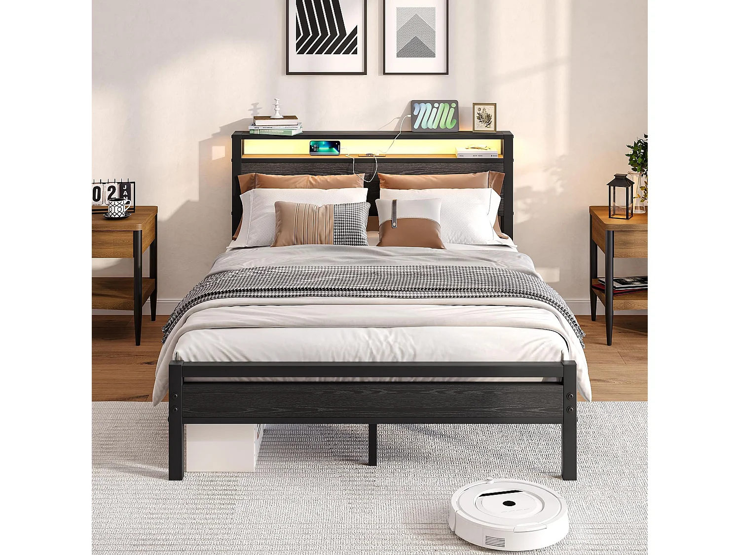 Volwassenenbed 140x190 cm met USB, LED en opbergruimte - MDF en zwart metaal