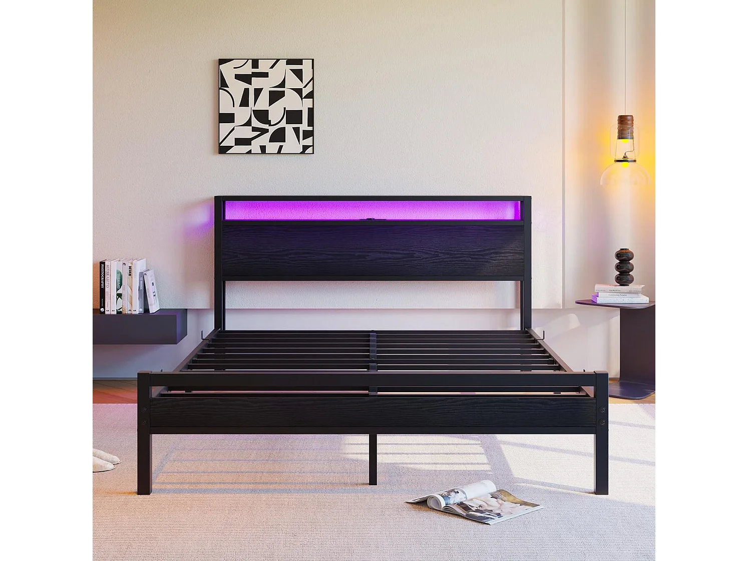 Volwassenenbed 140x190 cm met USB, LED en opbergruimte - MDF en zwart metaal