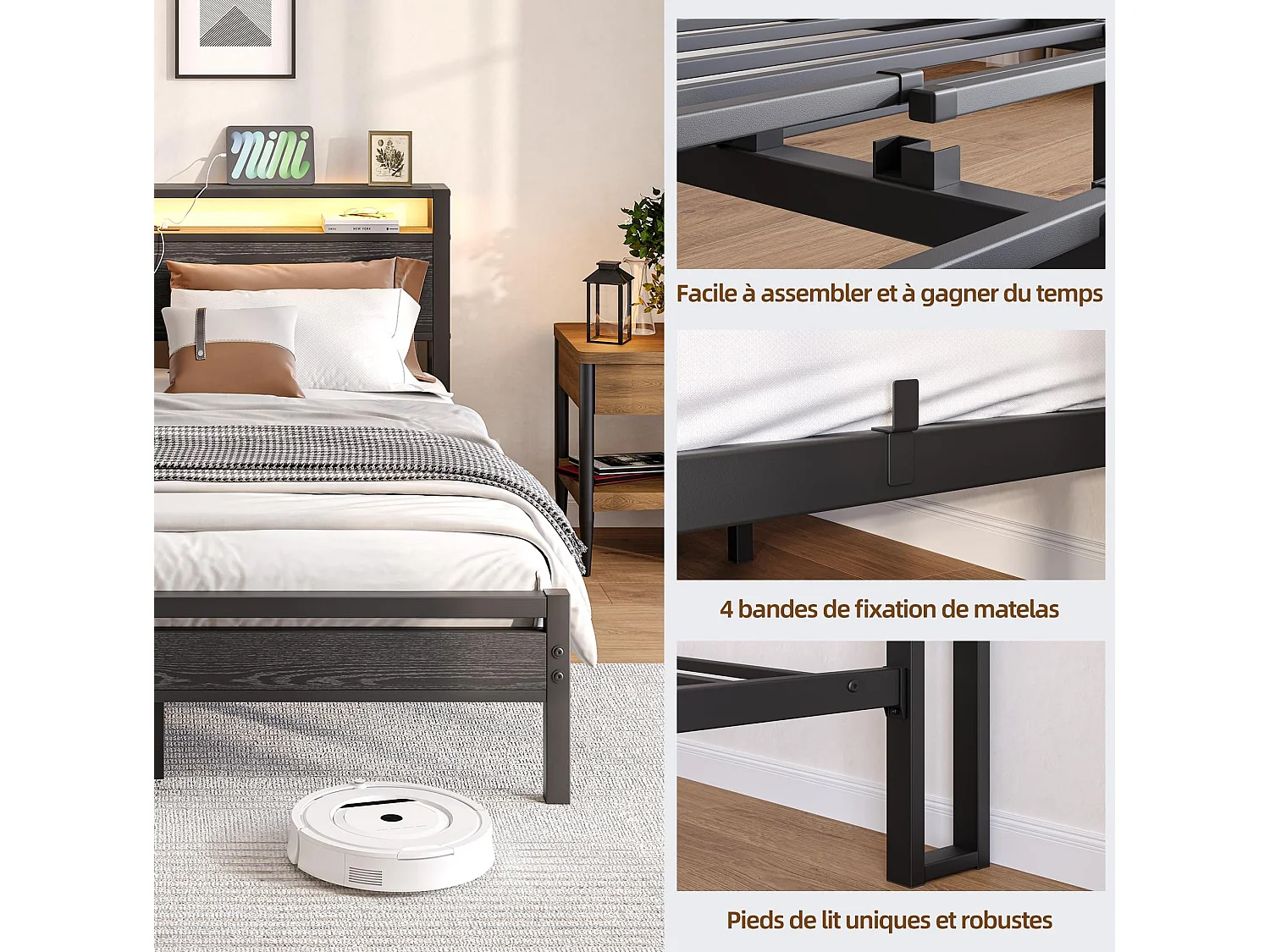 Volwassenenbed 140x190 cm met USB, LED en opbergruimte - MDF en zwart metaal