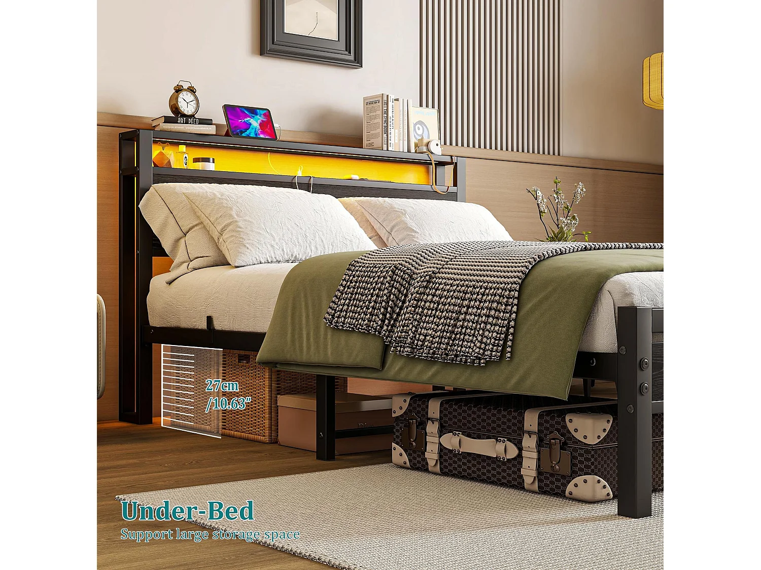 Volwassenenbed 140x190 cm met USB, LED en opbergruimte - MDF en zwart metaal