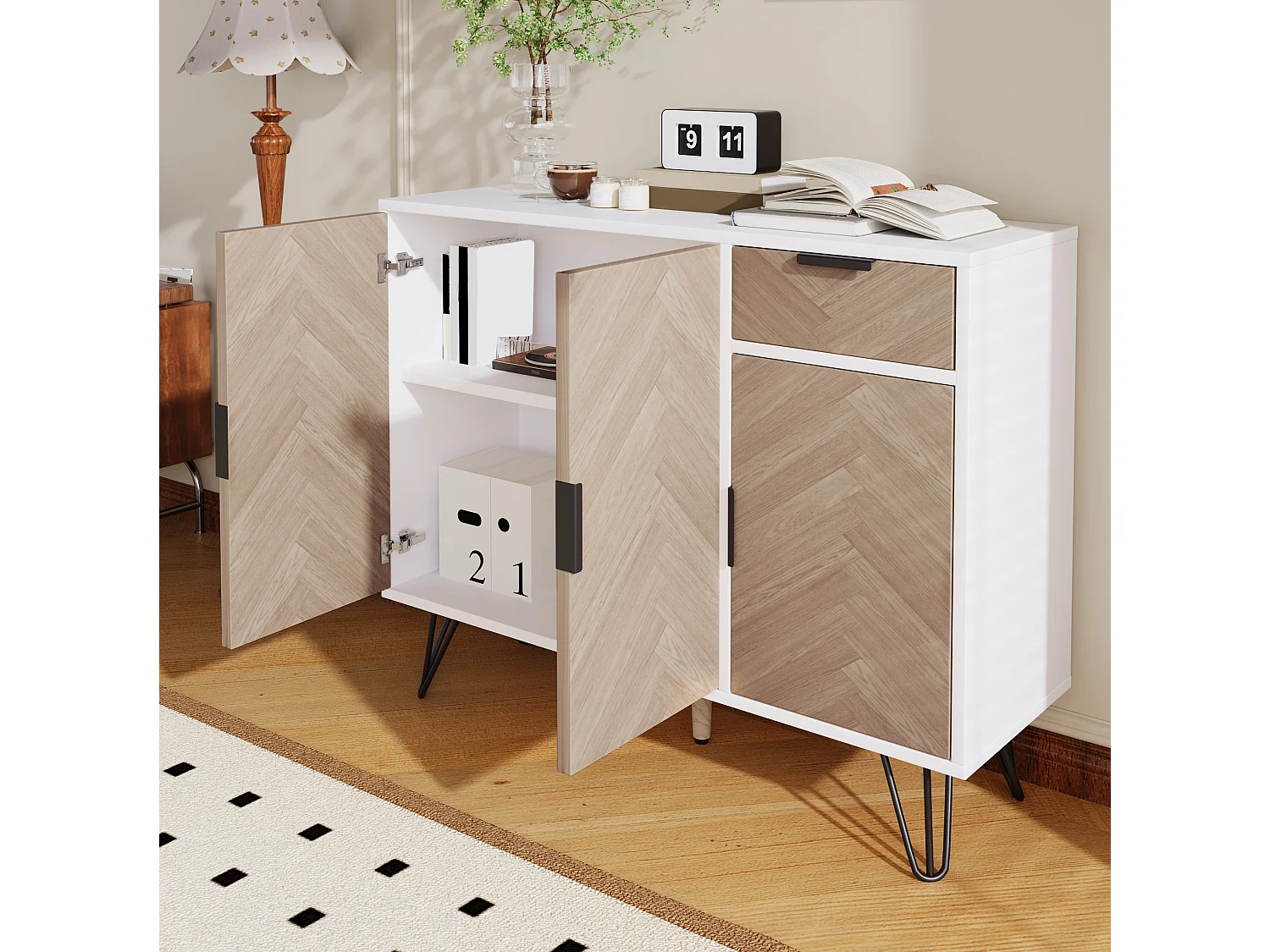 Buffet avec étagères réglables, tiroir et 3 portes - blanc et bois 90x30x71,5 cm