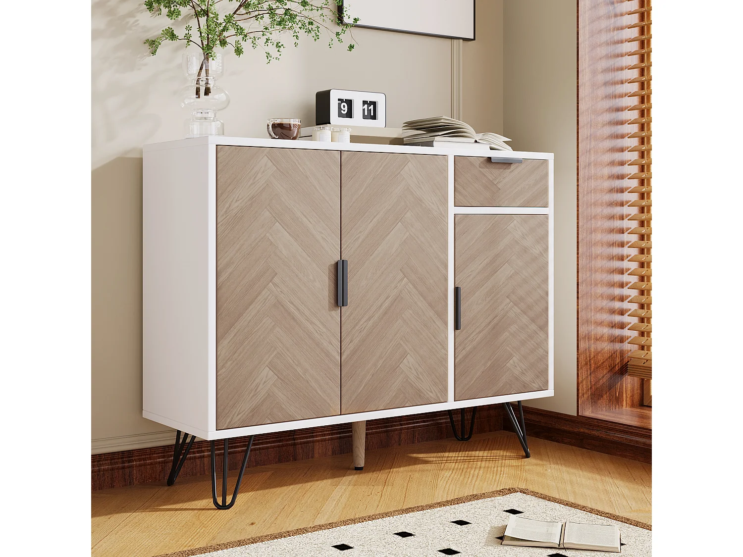 Buffet avec étagères réglables, tiroir et 3 portes - blanc et bois 90x30x71,5 cm