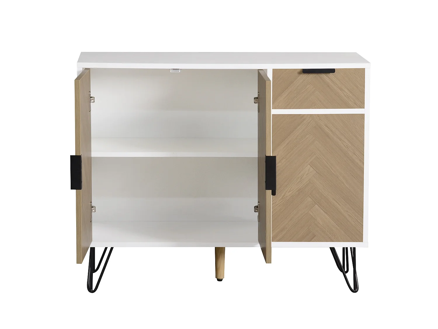 Buffet avec étagères réglables, tiroir et 3 portes - blanc et bois 90x30x71,5 cm