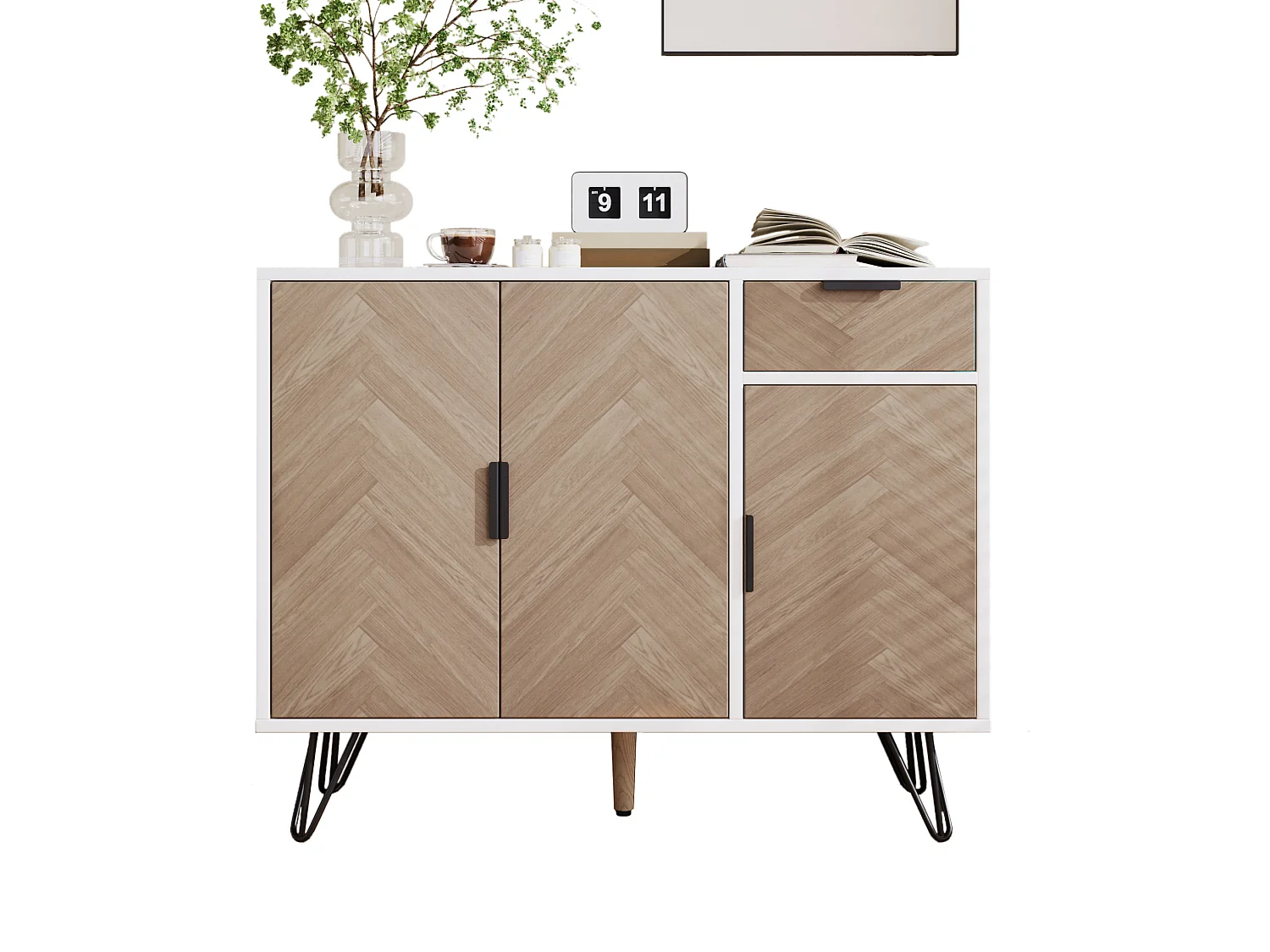 Buffet avec étagères réglables, tiroir et 3 portes - blanc et bois 90x30x71,5 cm