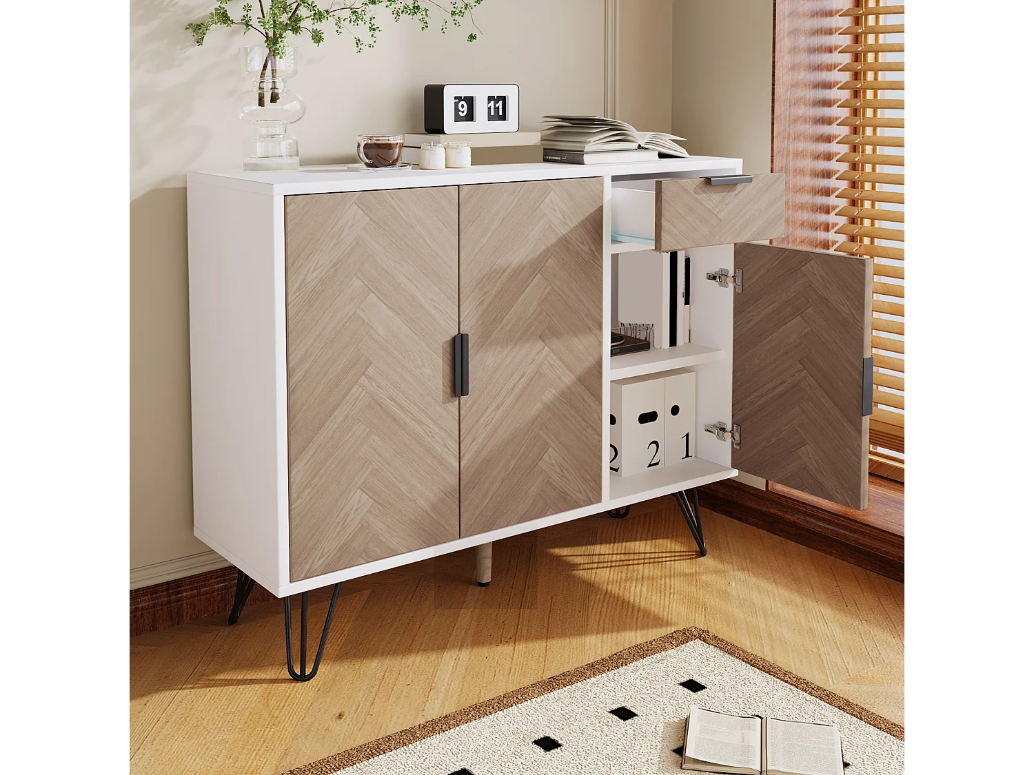 Buffet avec étagères réglables, tiroir et 3 portes - blanc et bois 90x30x71,5 cm
