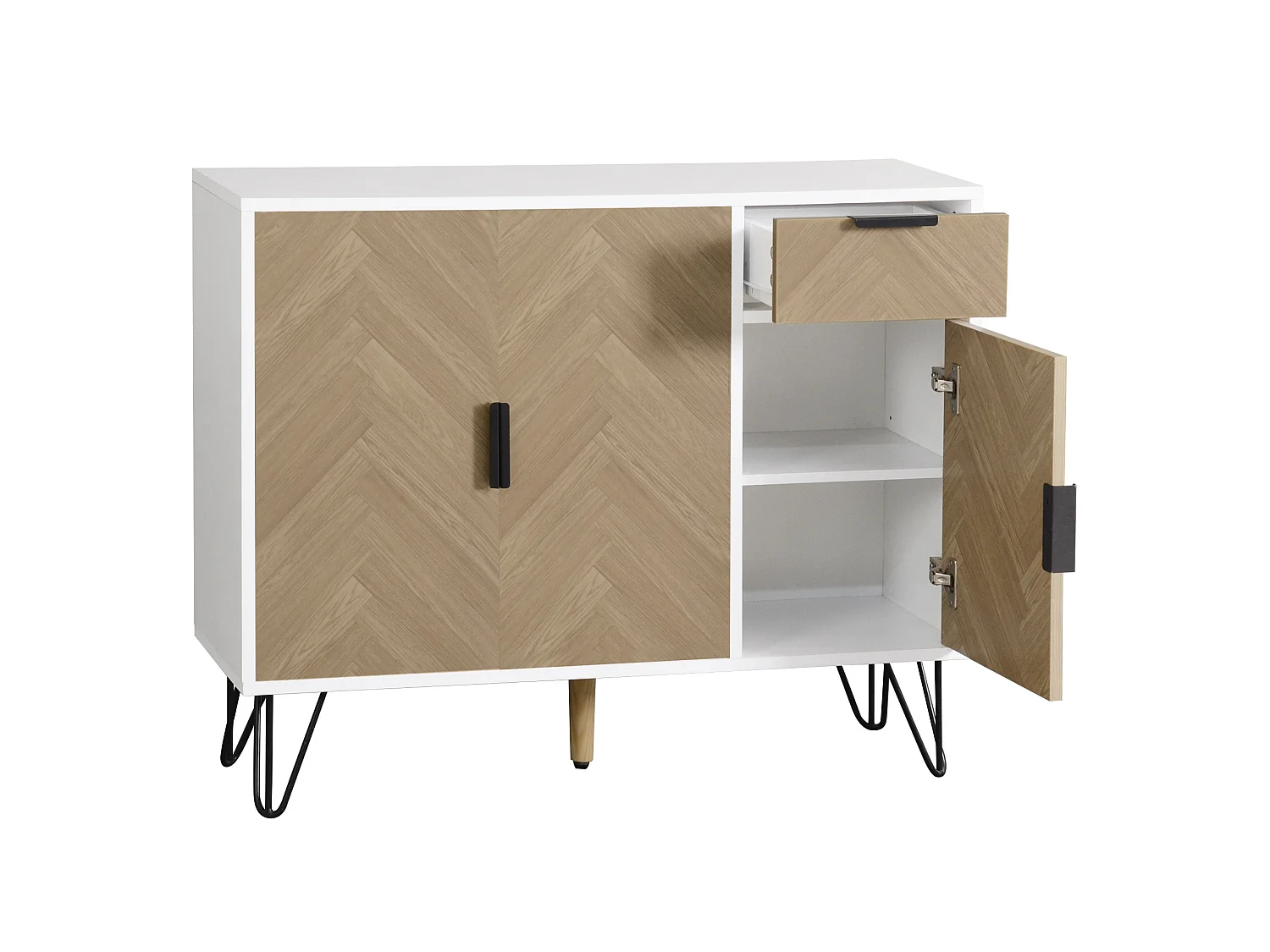 Buffet avec étagères réglables, tiroir et 3 portes - blanc et bois 90x30x71,5 cm