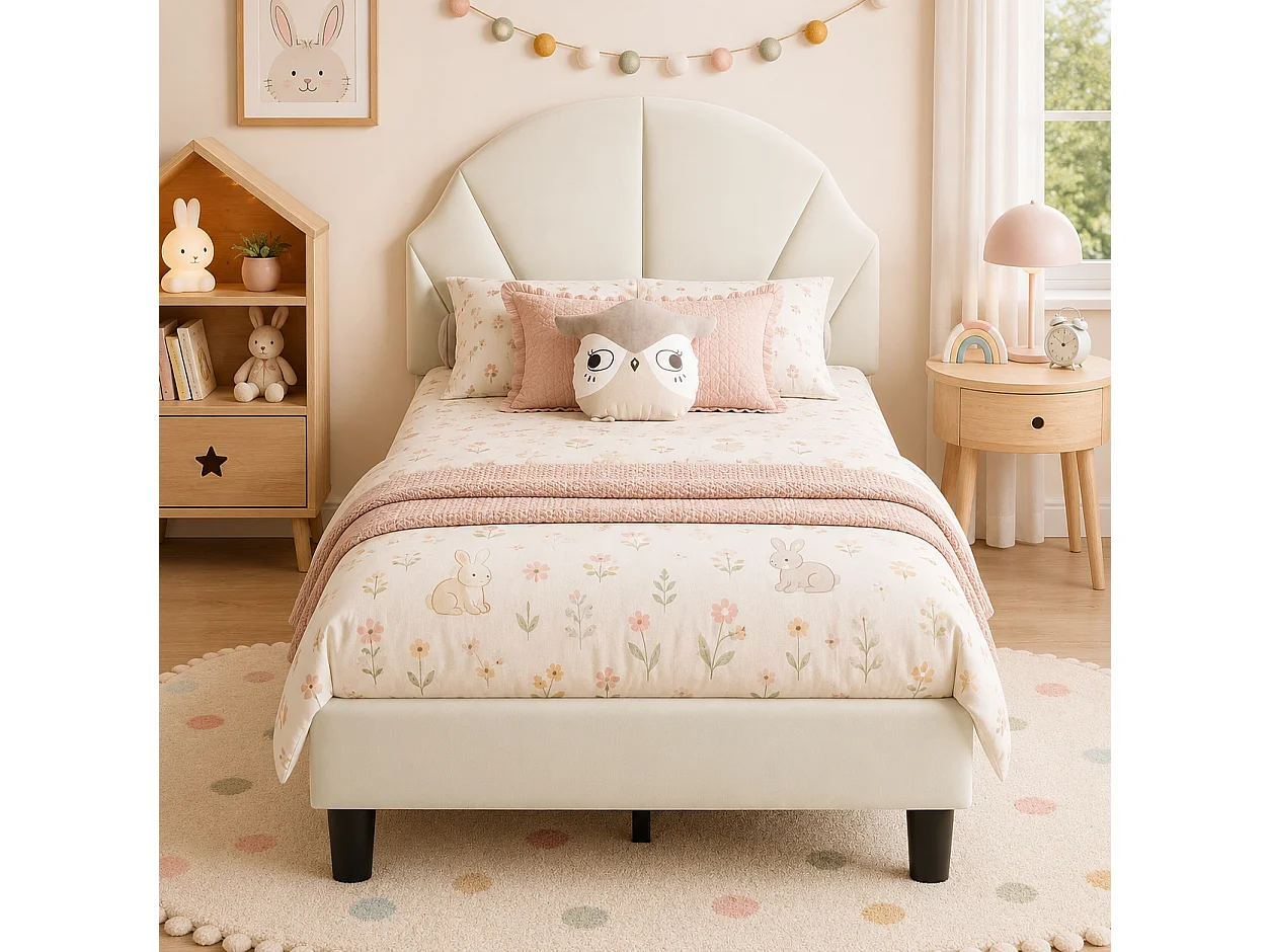 Lit Enfant 90x200 cm avec Sommier à Lattes, Tête de lit Réglable en Hauteur, en Forme de Coquillage, Lit Simple Fille Fille en Velours, Beige