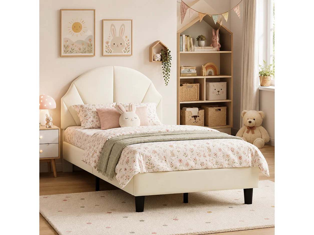 Lit Enfant 90x200 cm avec Sommier à Lattes, Tête de lit Réglable en Hauteur, en Forme de Coquillage, Lit Simple Fille Fille en Velours, Beige