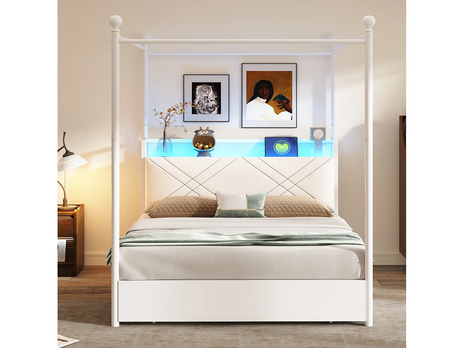 Lit adulte 140x190 cm avec baldaquin amovible, LED, USB/Type-C et 3 tiroirs - Blanc