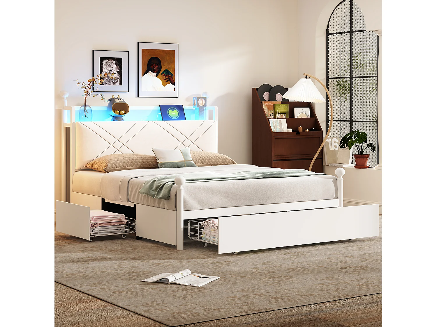 Lit adulte 140x190 cm avec baldaquin amovible, LED, USB/Type-C et 3 tiroirs - Blanc