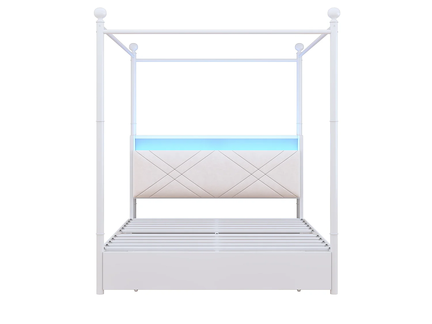Lit adulte 140x190 cm avec baldaquin amovible, LED, USB/Type-C et 3 tiroirs - Blanc