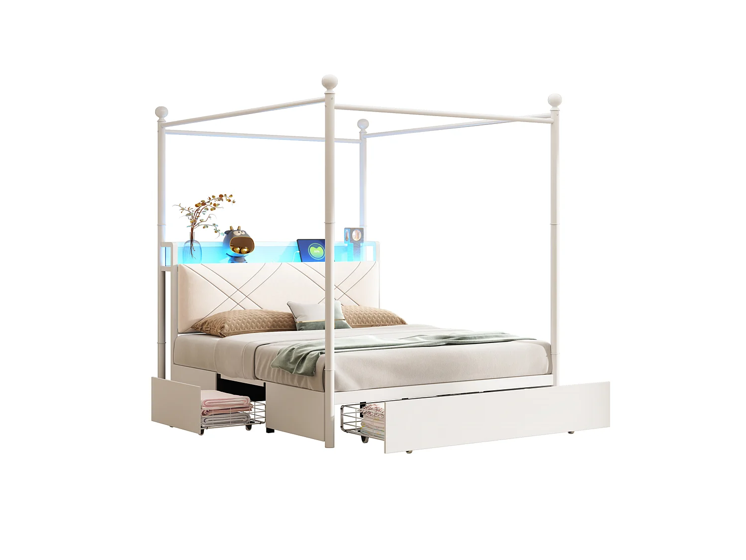 Lit adulte 140x190 cm avec baldaquin amovible, LED, USB/Type-C et 3 tiroirs - Blanc
