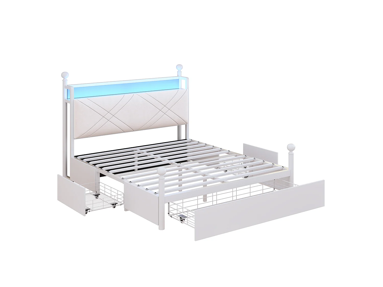 Lit adulte 140x190 cm avec baldaquin amovible, LED, USB/Type-C et 3 tiroirs - Blanc