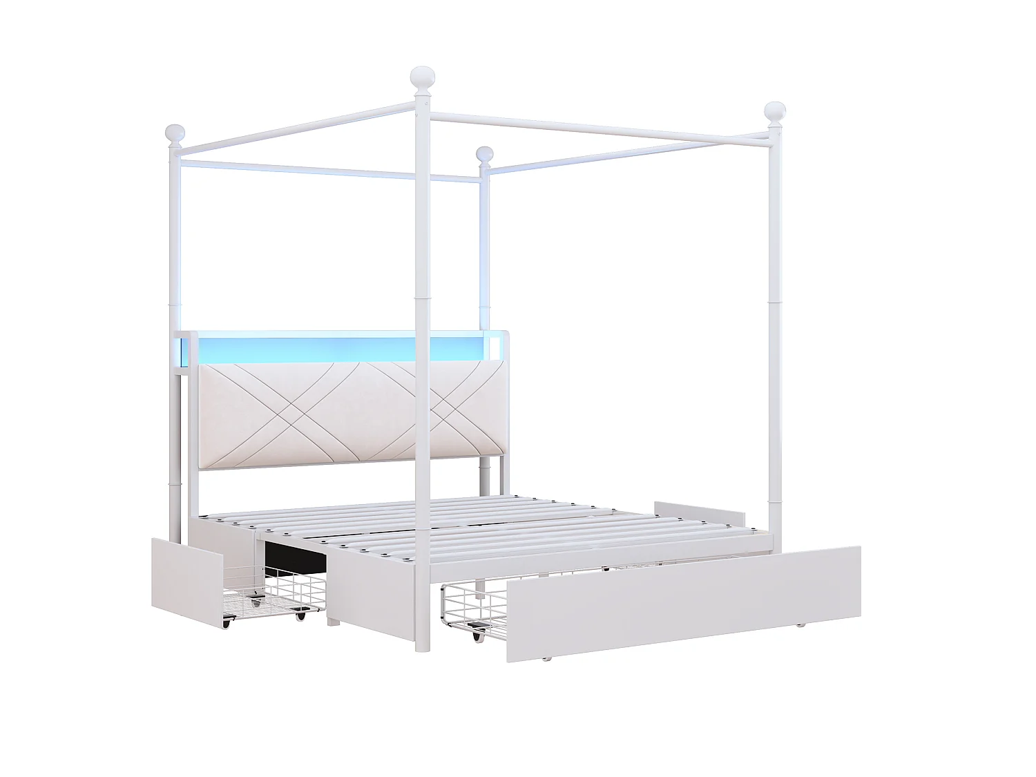 Lit adulte 140x190 cm avec baldaquin amovible, LED, USB/Type-C et 3 tiroirs - Blanc