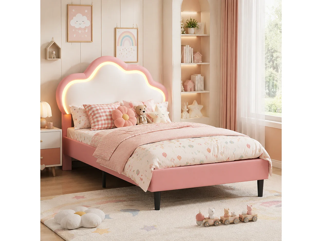 Lit Enfant 90x200 cm, Lit Simple avec LED et Sommier à Lattes, Tête Lits Réglable en Forme de Nuage, lit Princesse rembourré pour Fille et Ado, Rose