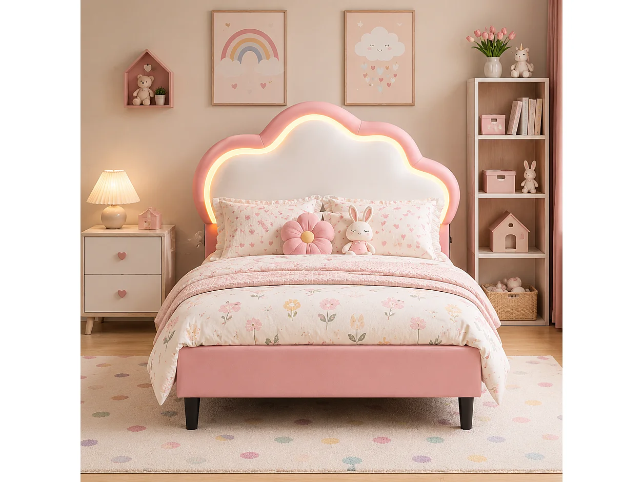 Lit Enfant 90x200 cm, Lit Simple avec LED et Sommier à Lattes, Tête Lits Réglable en Forme de Nuage, lit Princesse rembourré pour Fille et Ado, Rose