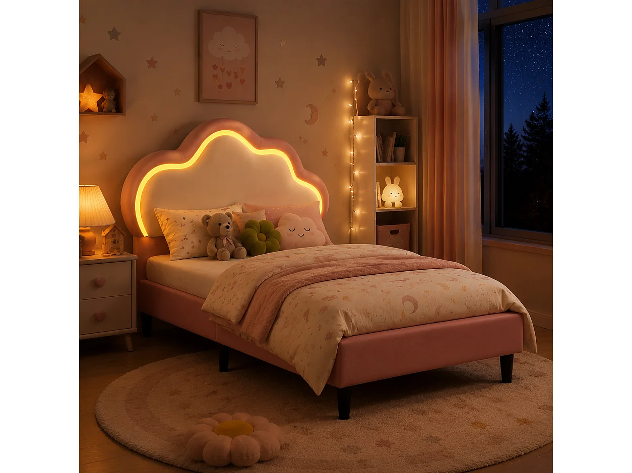 Lit Enfant 90x200 cm, Lit Simple avec LED et Sommier à Lattes, Tête Lits Réglable en Forme de Nuage, lit Princesse rembourré pour Fille et Ado, Rose