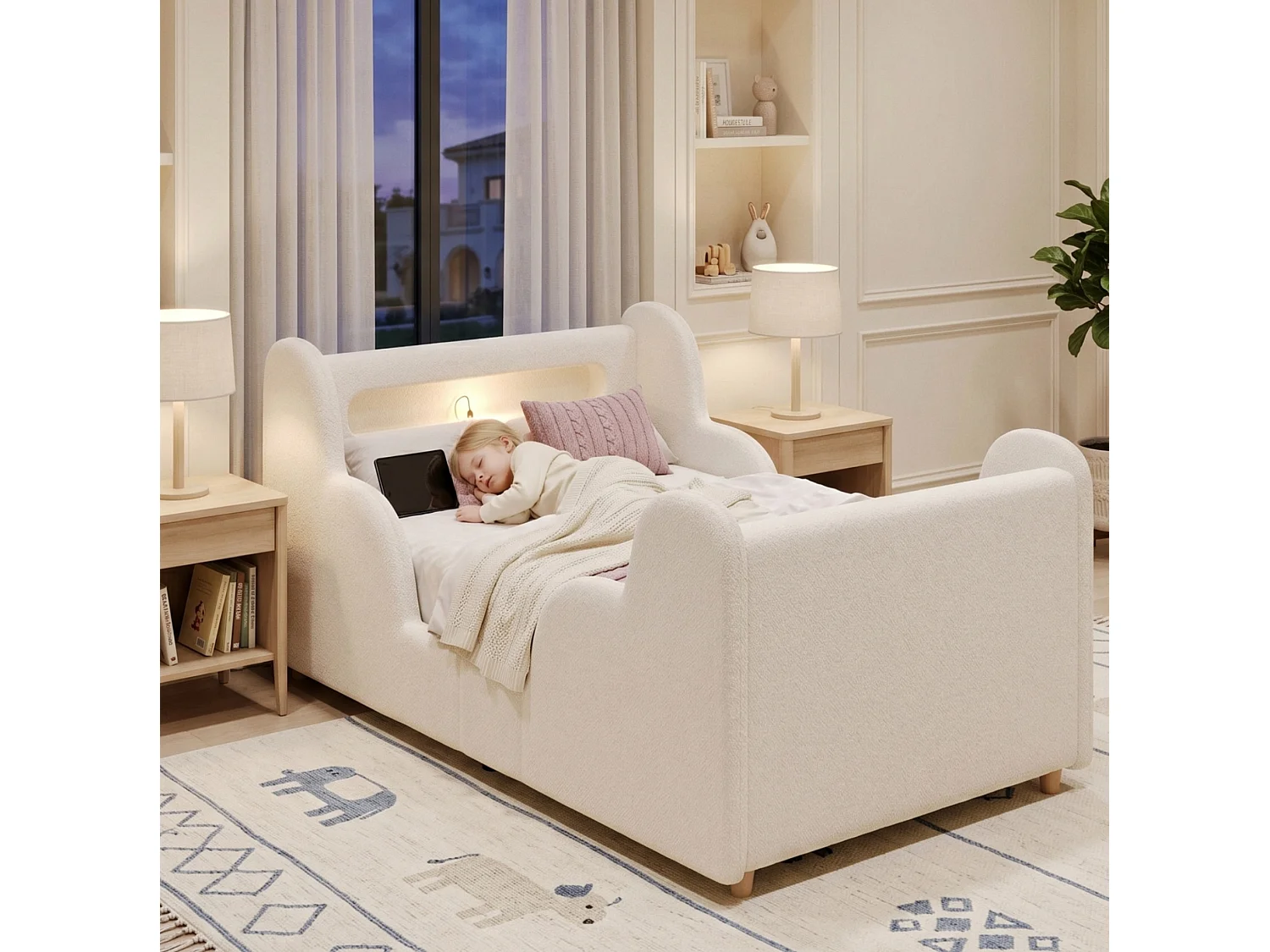 Barnsäng 90x200 cm med LED-nattlampa, USB- och Type-C-portar - Beige bouclétyg