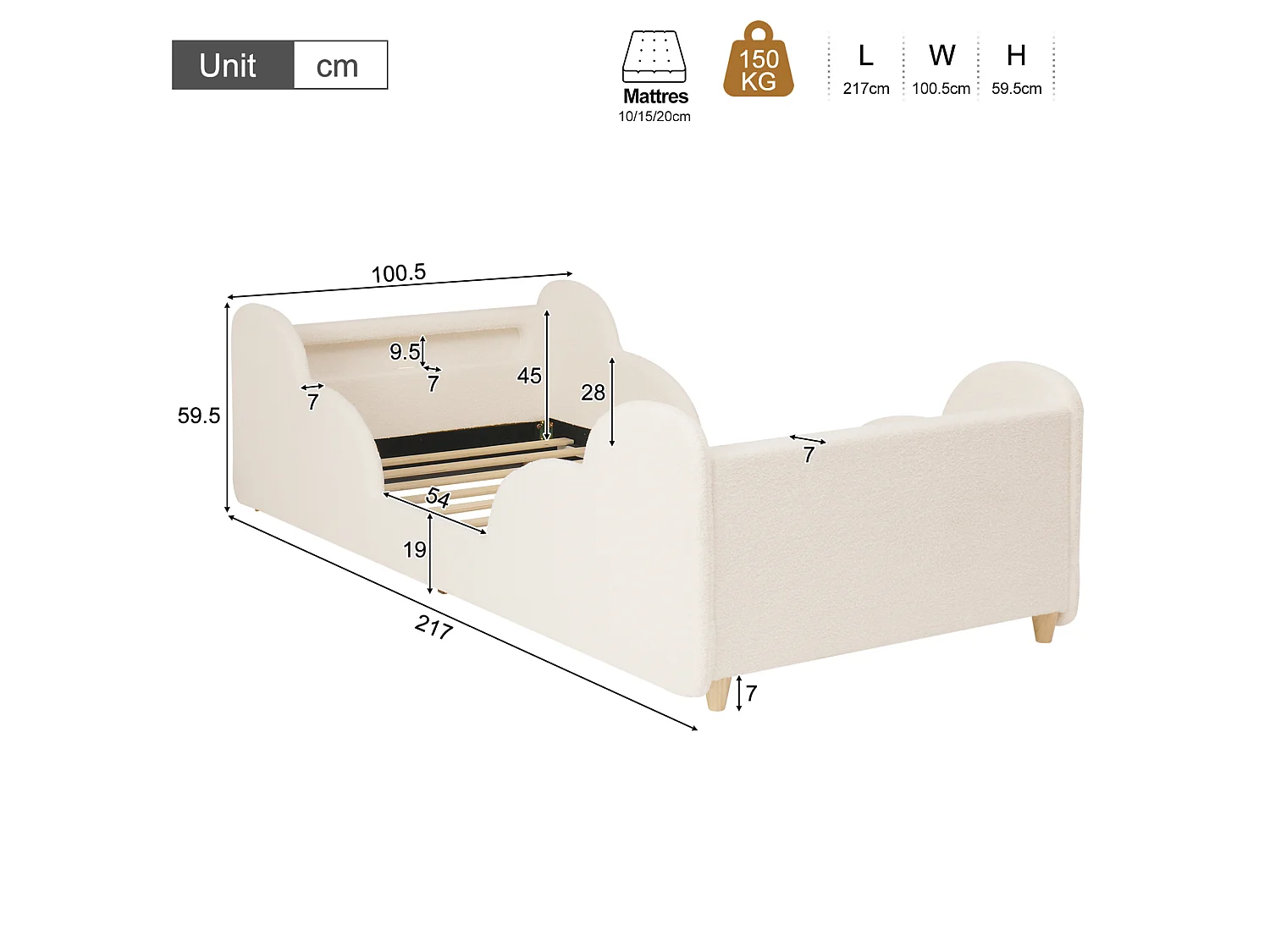Barnsäng 90x200 cm med LED-nattlampa, USB- och Type-C-portar - Beige bouclétyg