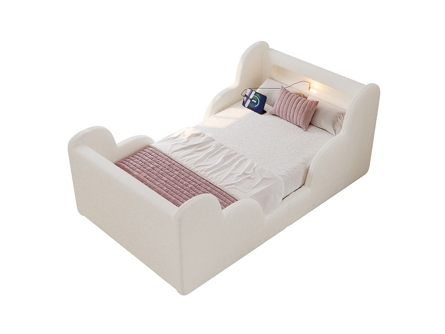 Barnsäng 90x200 cm med LED-nattlampa, USB- och Type-C-portar - Beige bouclétyg