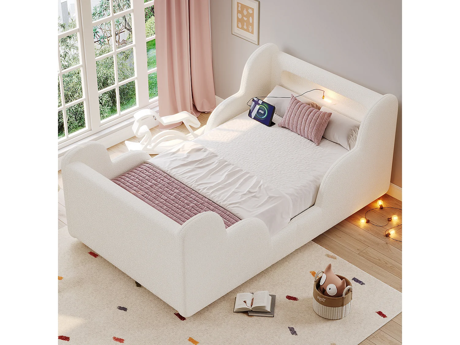 Barnsäng 90x200 cm med LED-nattlampa, USB- och Type-C-portar - Beige bouclétyg
