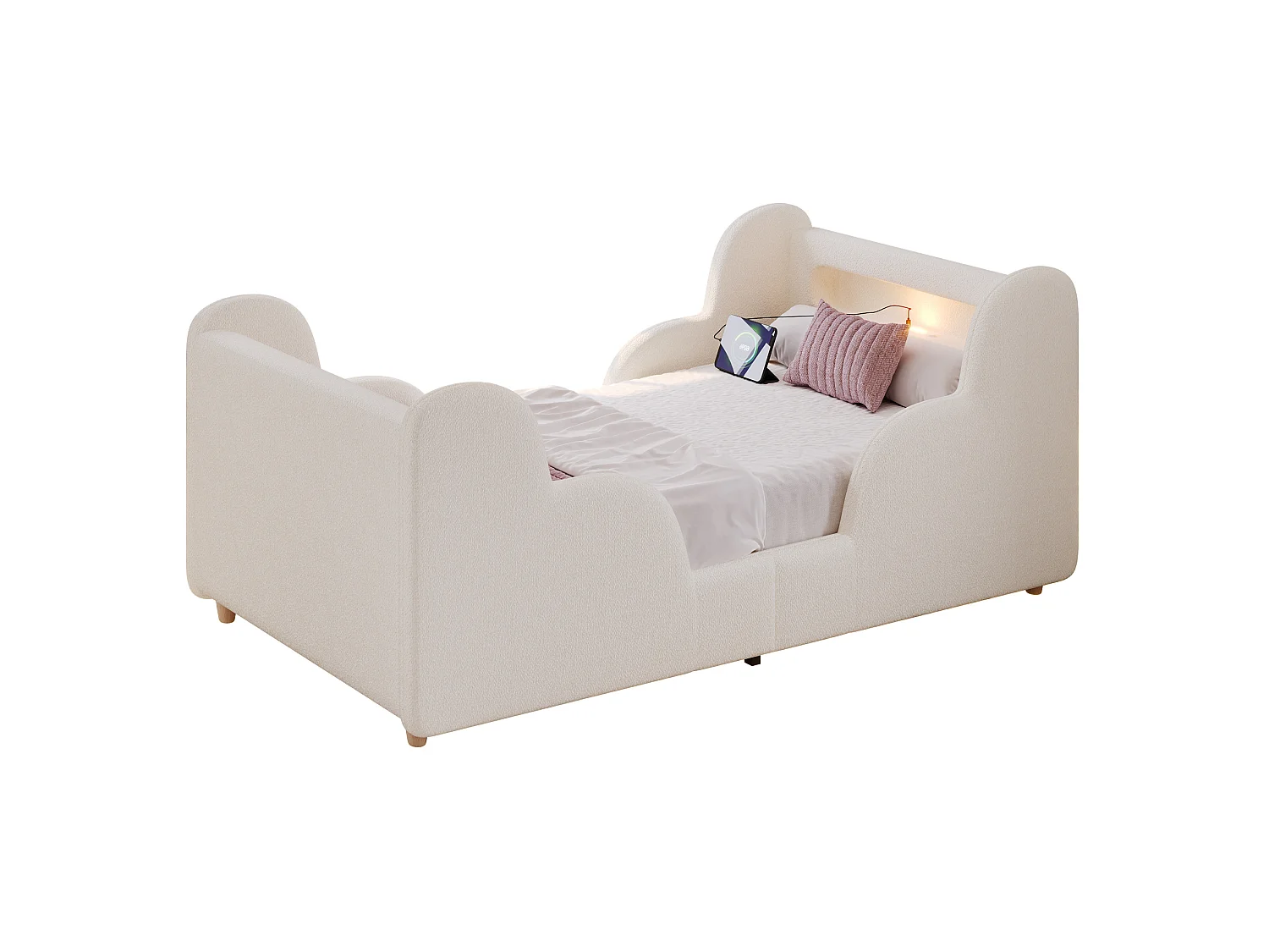 Barnsäng 90x200 cm med LED-nattlampa, USB- och Type-C-portar - Beige bouclétyg