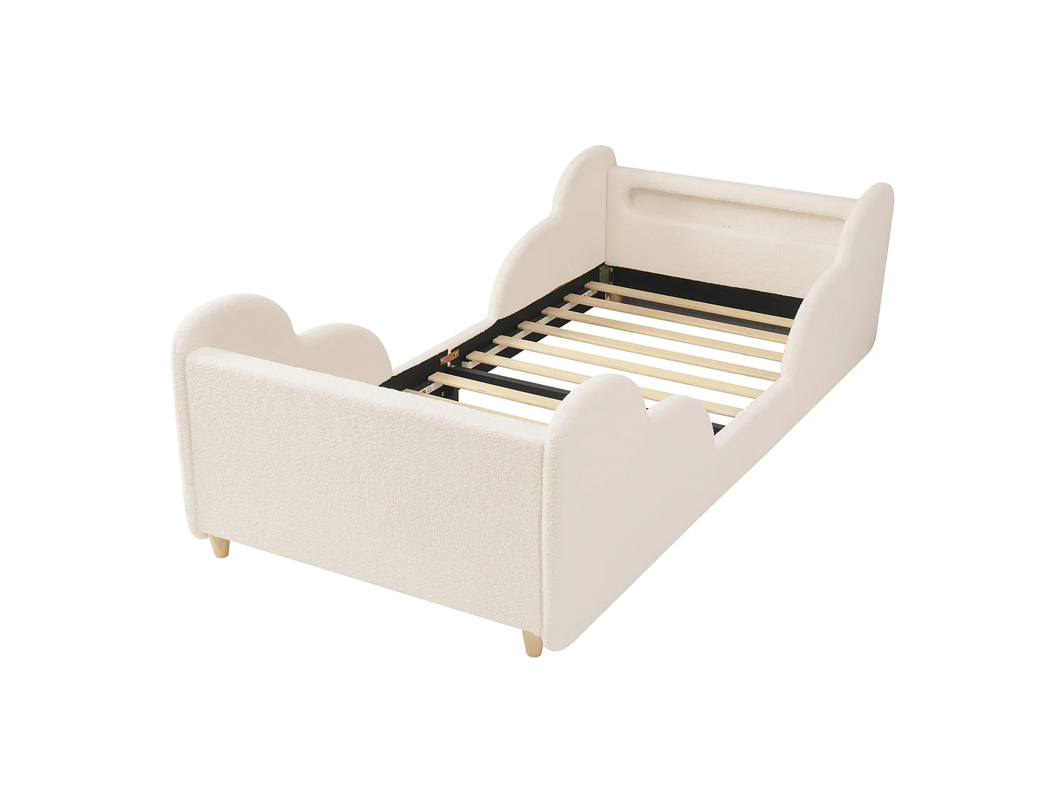 Barnsäng 90x200 cm med LED-nattlampa, USB- och Type-C-portar - Beige bouclétyg