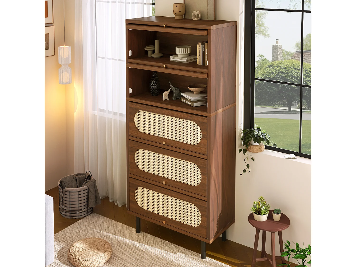 Hoog dressoir 80x40x163 cm met 5 deuren en metalen poten - Bruin