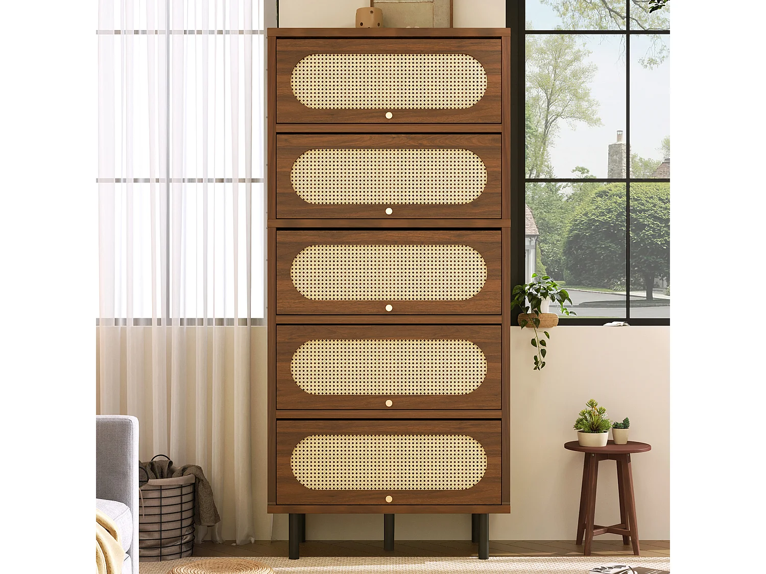 Hoog dressoir 80x40x163 cm met 5 deuren en metalen poten - Bruin