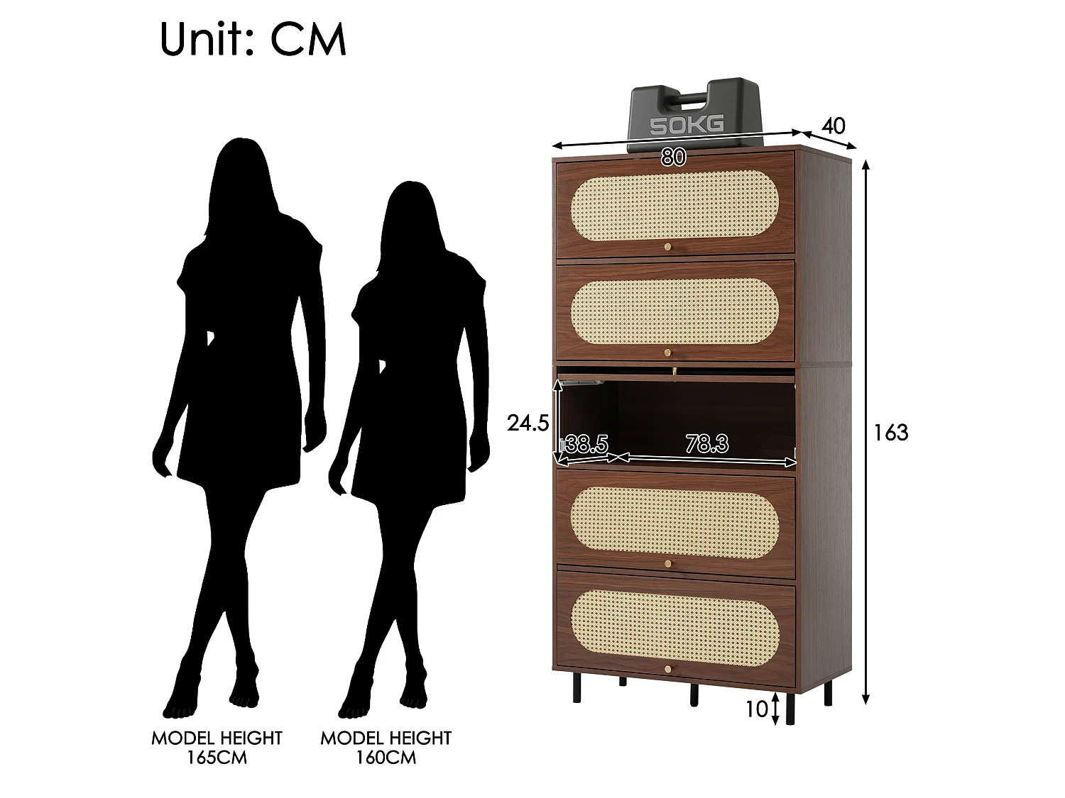 Hoog dressoir 80x40x163 cm met 5 deuren en metalen poten - Bruin