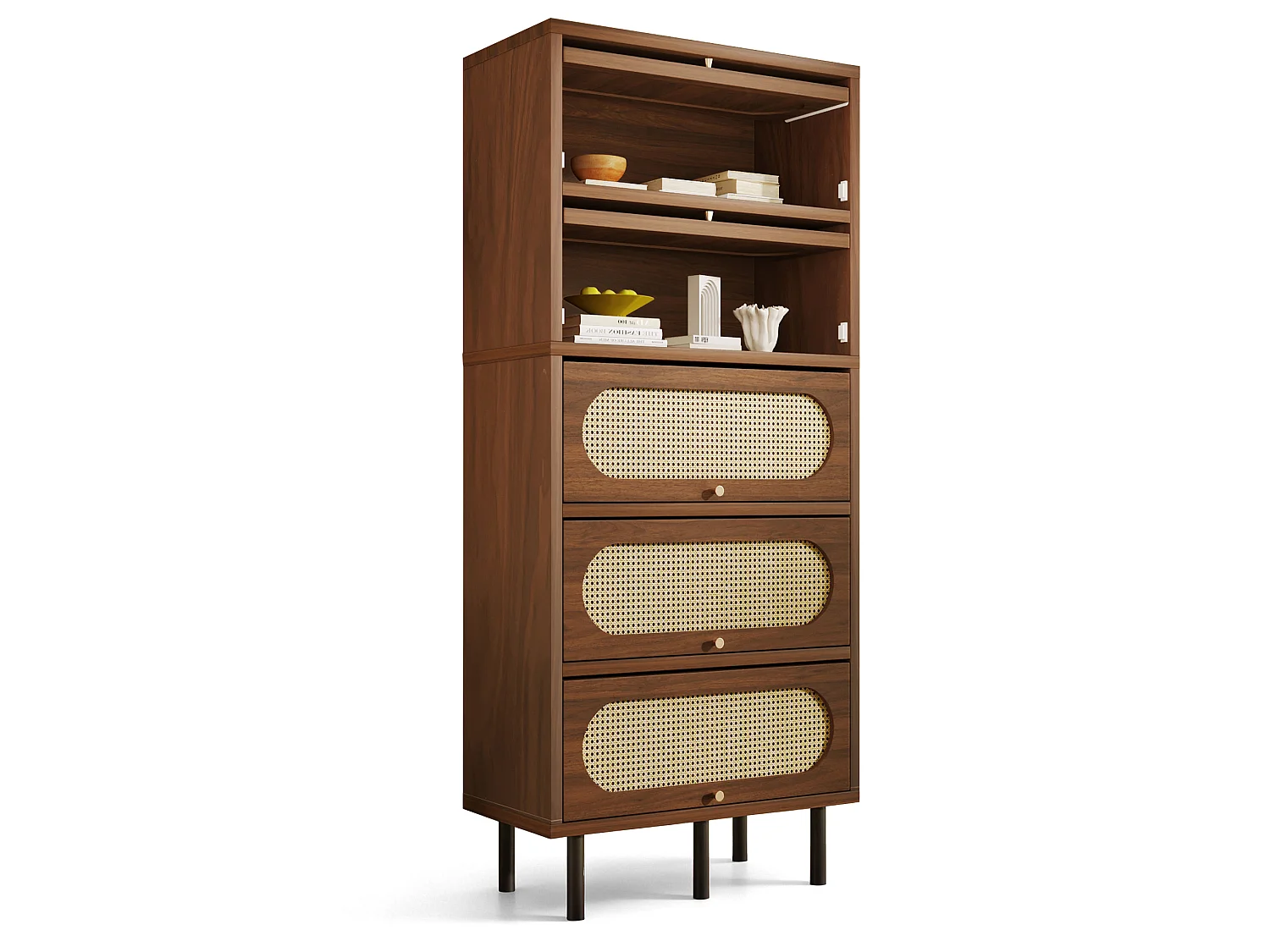 Hoog dressoir 80x40x163 cm met 5 deuren en metalen poten - Bruin
