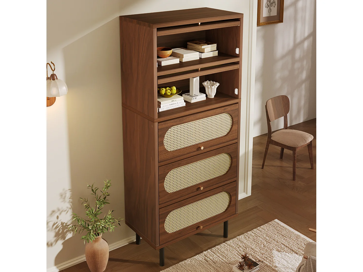 Hoog dressoir 80x40x163 cm met 5 deuren en metalen poten - Bruin