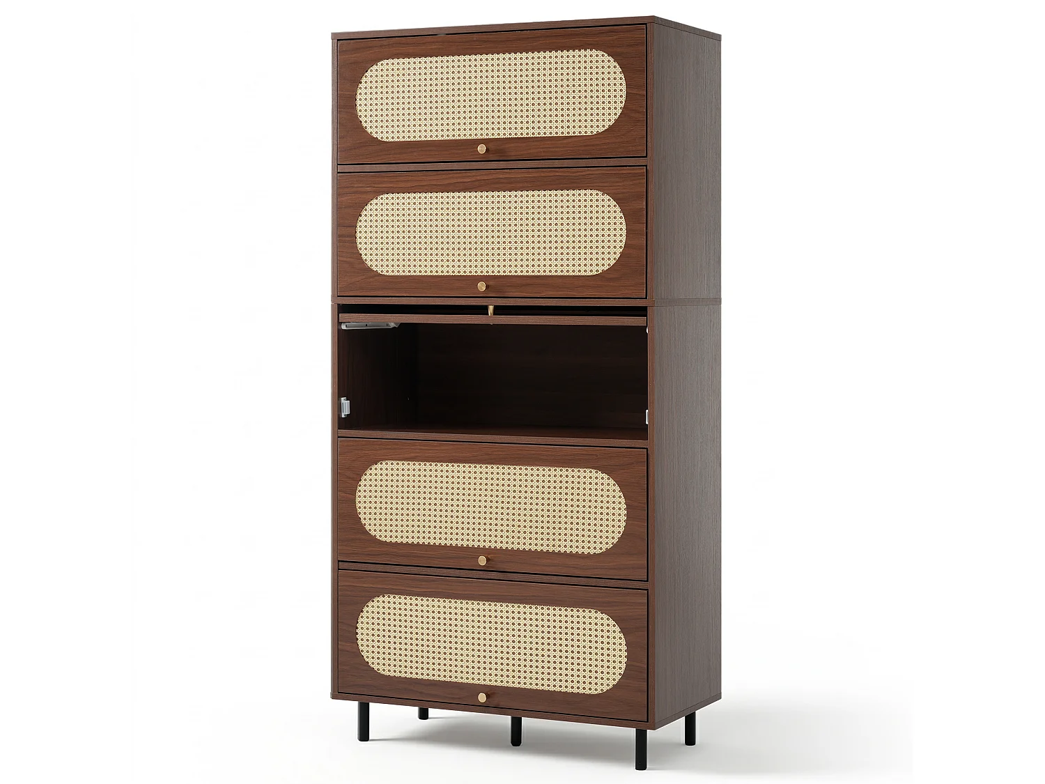 Hoog dressoir 80x40x163 cm met 5 deuren en metalen poten - Bruin
