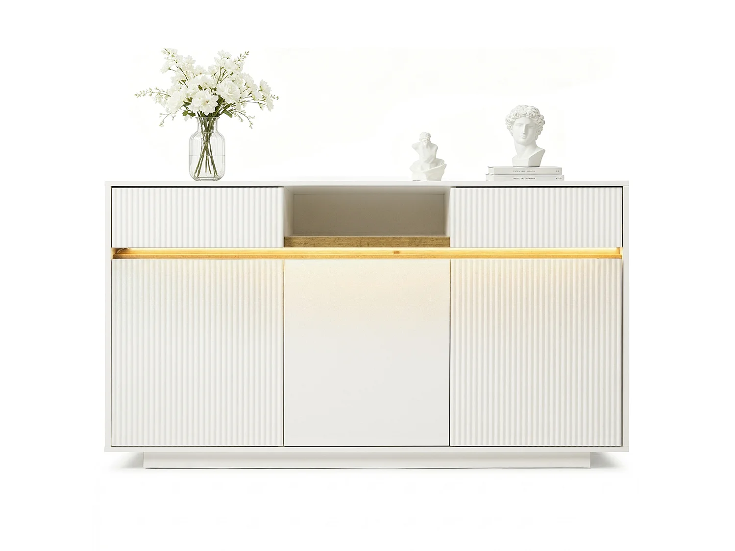 Buffet blanc avec éclairage LED, 2 tiroirs et 3 portes