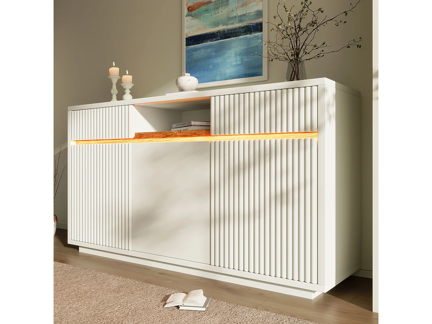 Buffet blanc avec éclairage LED, 2 tiroirs et 3 portes