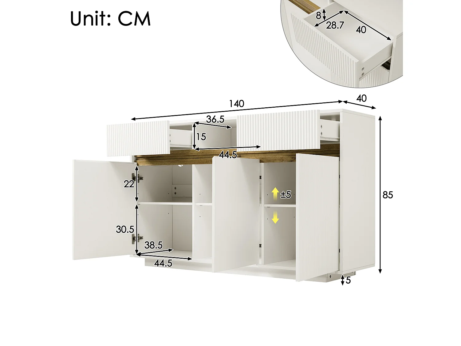 Buffet blanc avec éclairage LED, 2 tiroirs et 3 portes