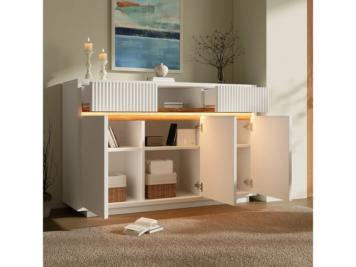 Buffet blanc avec éclairage LED, 2 tiroirs et 3 portes