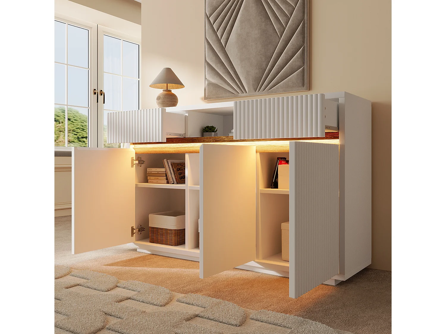 Buffet blanc avec éclairage LED, 2 tiroirs et 3 portes