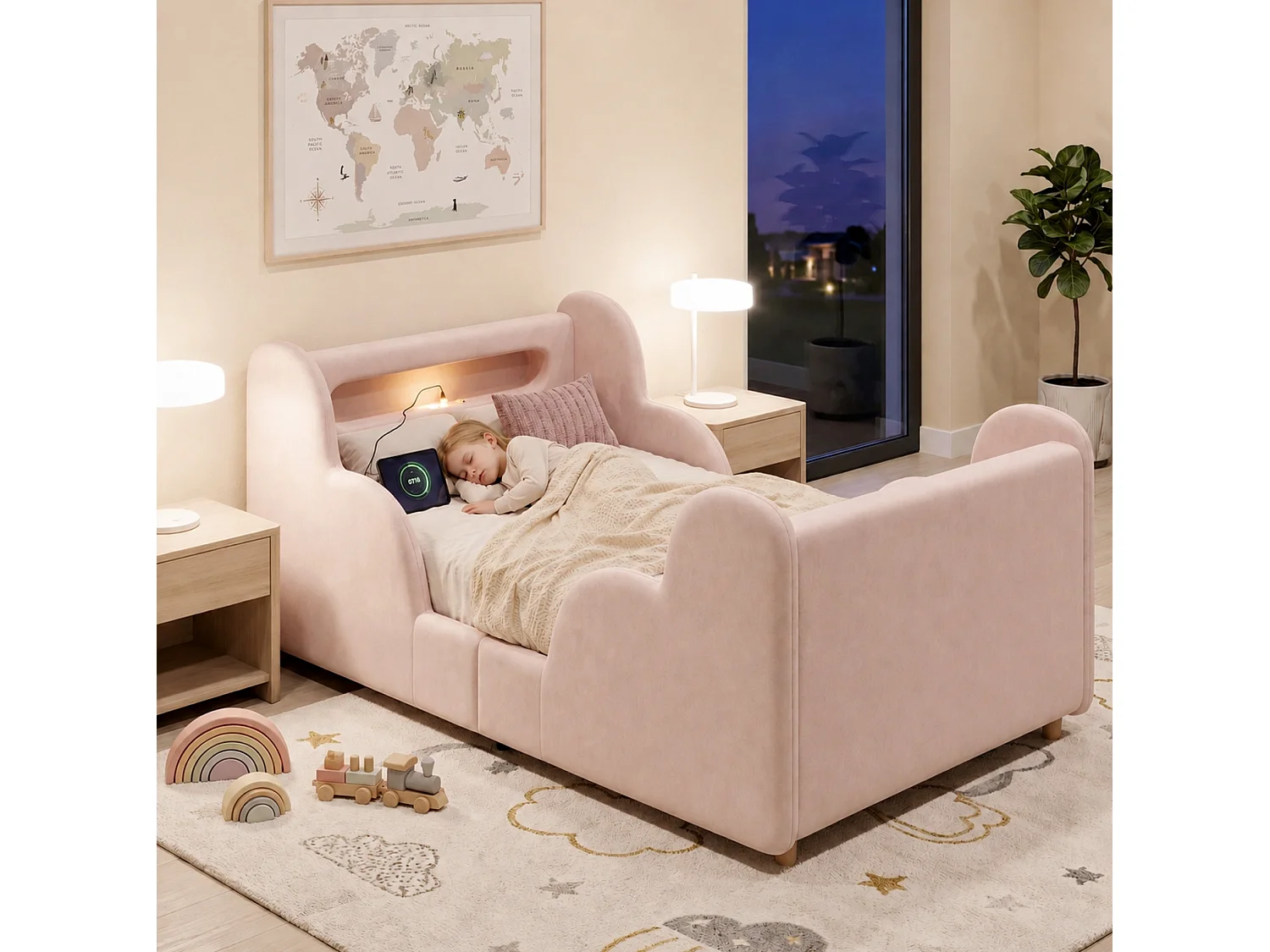 Lit enfant 90x200 cm avec veilleuse LED, ports USB et Type-C - Velours rose