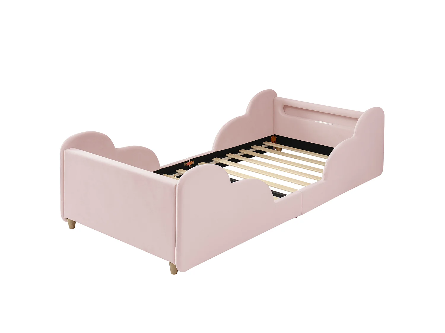 Lit enfant 90x200 cm avec veilleuse LED, ports USB et Type-C - Velours rose