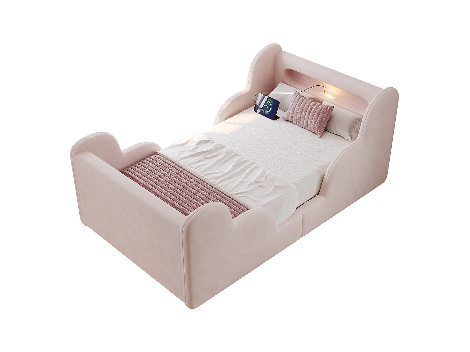 Lit enfant 90x200 cm avec veilleuse LED, ports USB et Type-C - Velours rose