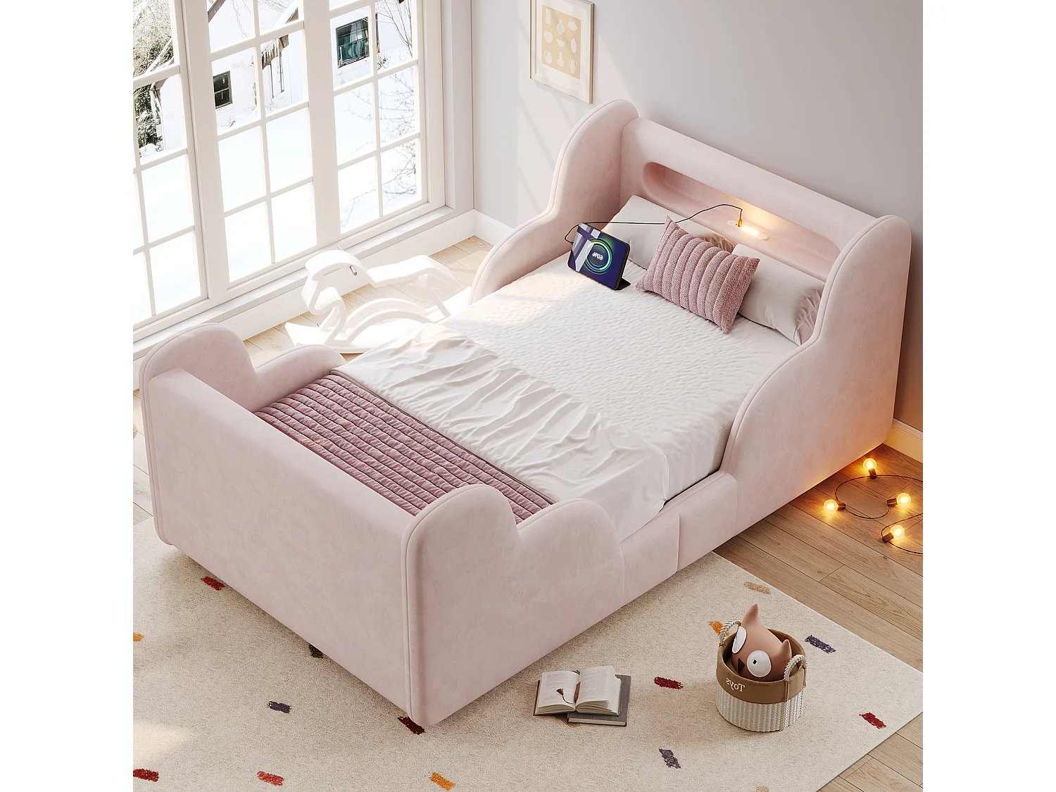 Lit enfant 90x200 cm avec veilleuse LED, ports USB et Type-C - Velours rose