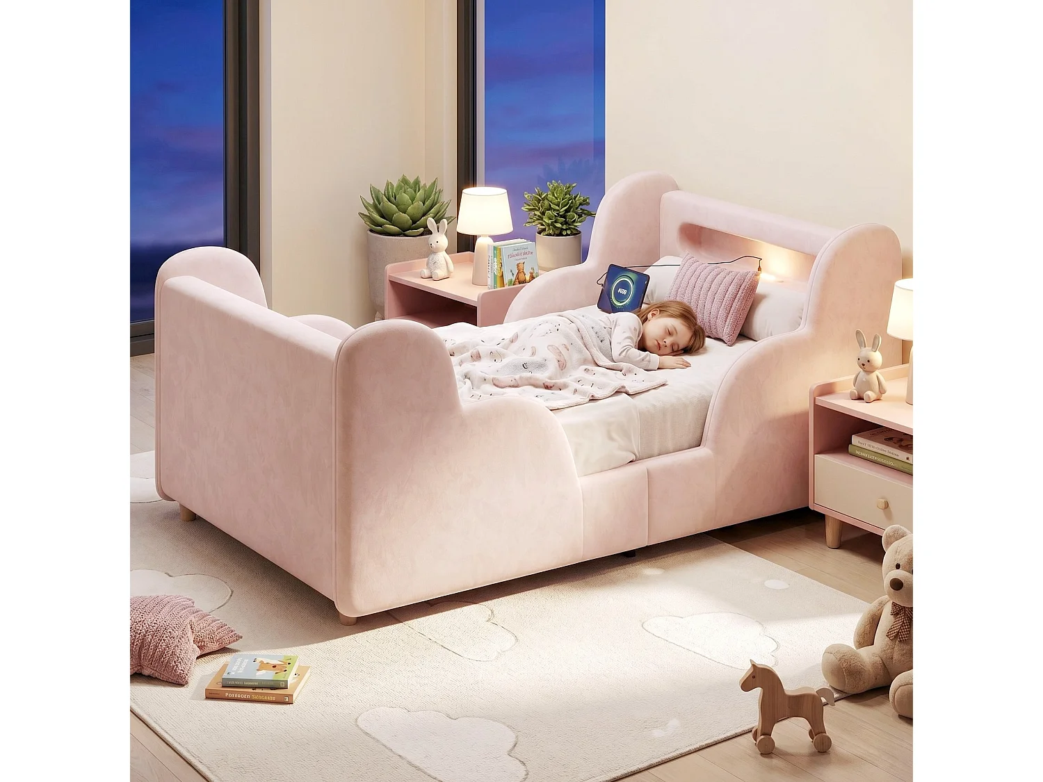 Lit enfant 90x200 cm avec veilleuse LED, ports USB et Type-C - Velours rose