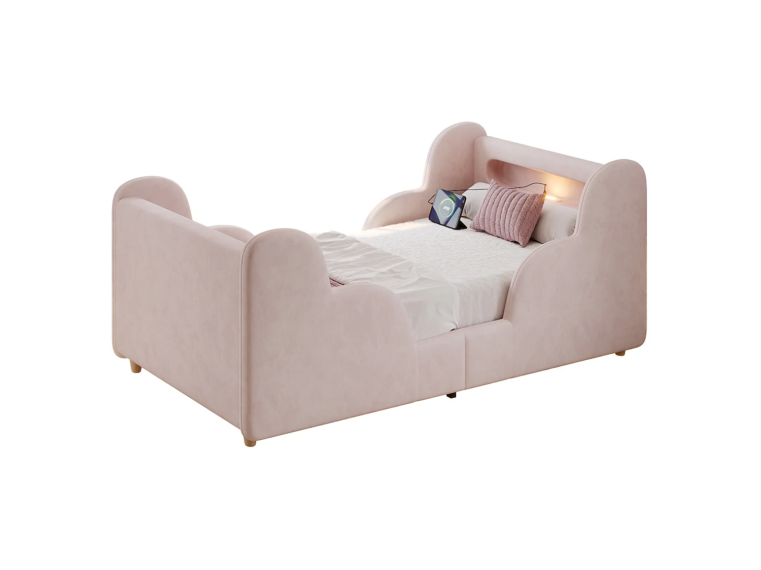 Lit enfant 90x200 cm avec veilleuse LED, ports USB et Type-C - Velours rose