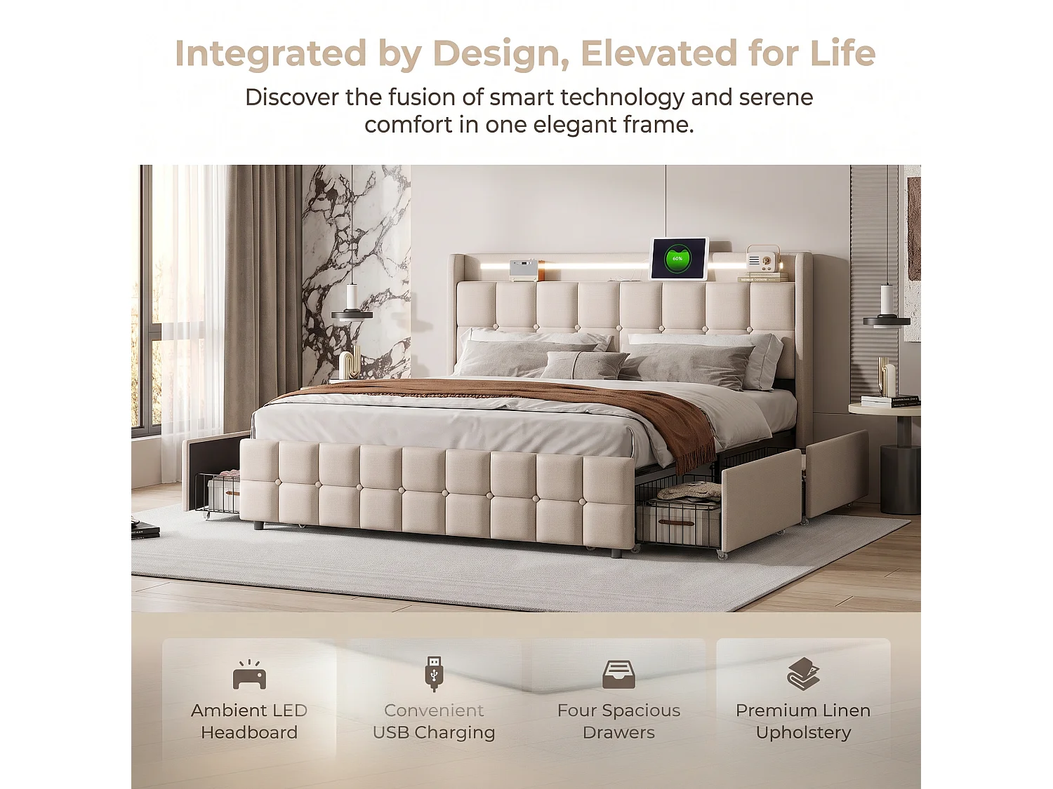 Lit Double 160 x 200 cm - Lit Coffre 160x200 cm avec Rangement, LED, Multiprise, 4 Tiroirs - Cadre de Lit 160x200 avec Sommier - Lit 2 Personnes - Lin Beige