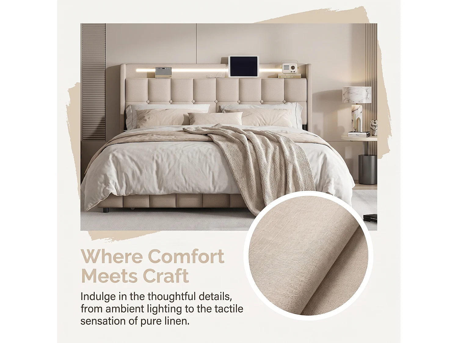 Lit Double 160 x 200 cm - Lit Coffre 160x200 cm avec Rangement, LED, Multiprise, 4 Tiroirs - Cadre de Lit 160x200 avec Sommier - Lit 2 Personnes - Lin Beige