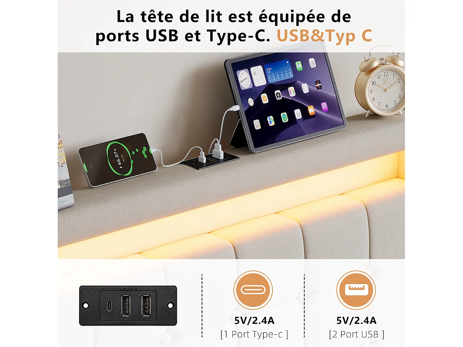 Lit Simple 90x200 cm, lit enfant avec LED, port de charge USB, lit de rangement avec 2 tiroirs, lit Capitonné pour adolescent, sommier à lattes, Beige