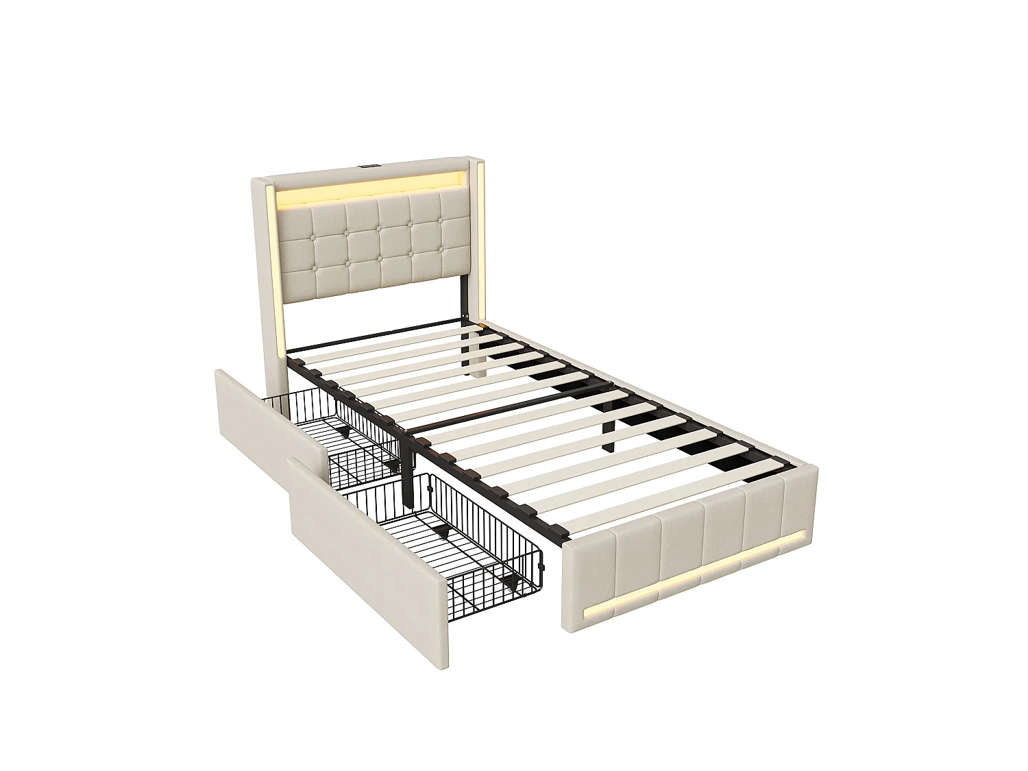 Lit Simple 90x200 cm, lit enfant avec LED, port de charge USB, lit de rangement avec 2 tiroirs, lit Capitonné pour adolescent, sommier à lattes, Beige