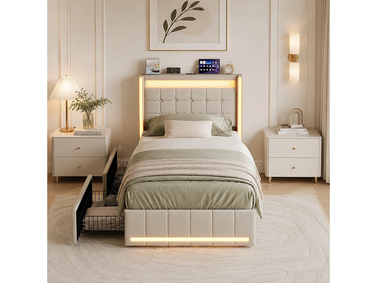 Lit Simple 90x200 cm, lit enfant avec LED, port de charge USB, lit de rangement avec 2 tiroirs, lit Capitonné pour adolescent, sommier à lattes, Beige