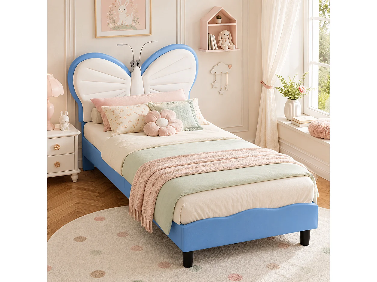 Lit Simple 90x200 cm avec Lampes LED, Lit Enfant Capitonné avec Tête de Lits réglable en Forme de Papillon et Lattes en Velours, sans Matelas, Bleu